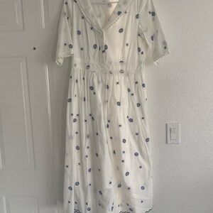 Elegant White and Blue Embroidered Maxi Dress